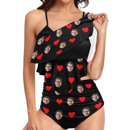 Custom #Tankini Set #Double Ruffled Tankini Custom Face Red Heart Tankini Personalized Bathing Suit Summer Swimsuit Women's High Waisted Double Ruffle Bikini Set - YesCustom