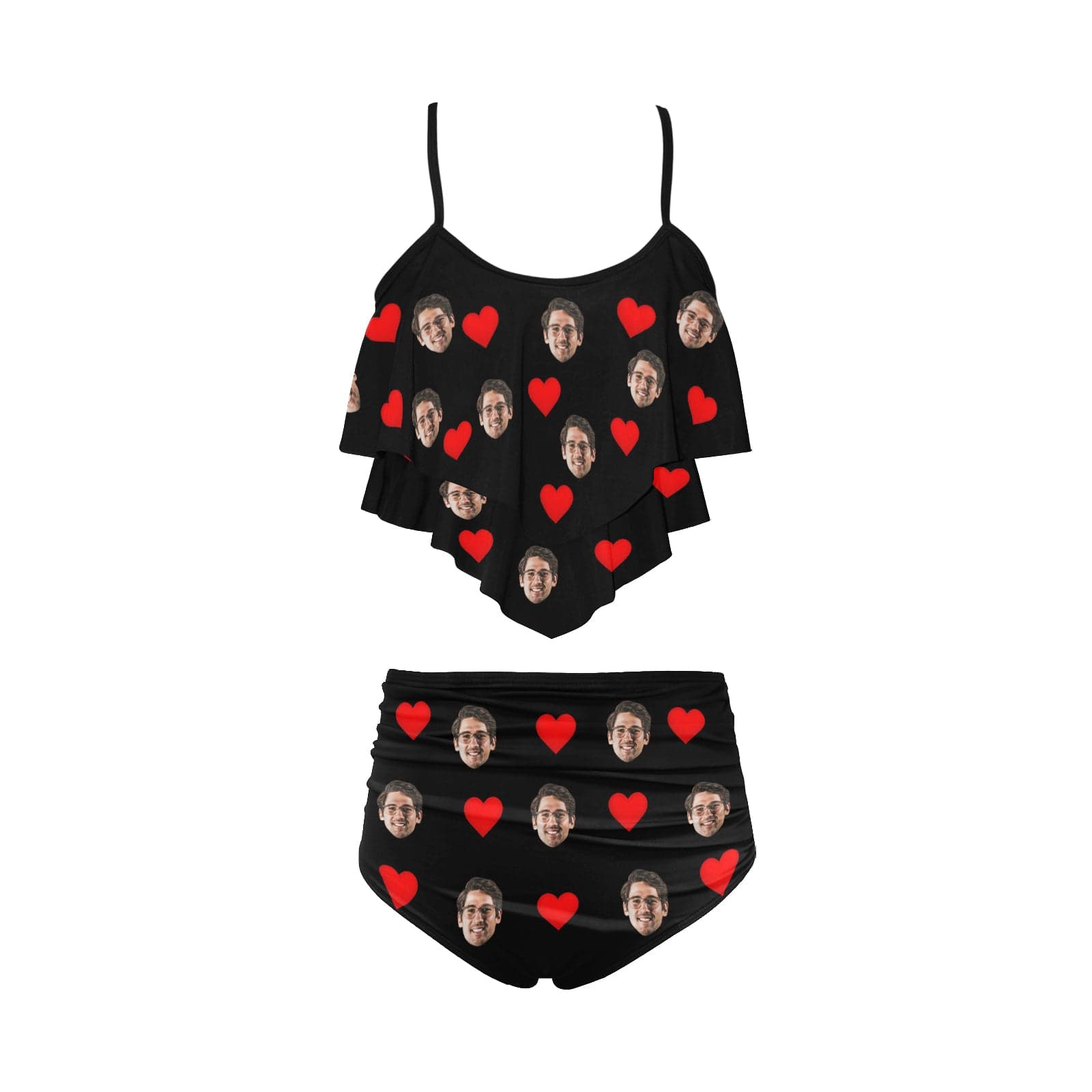 Custom #Tankini Set #Double Ruffled Tankini Custom Face Red Heart Tankini Personalized Bathing Suit Summer Swimsuit Women's High Waisted Double Ruffle Bikini Set - YesCustom