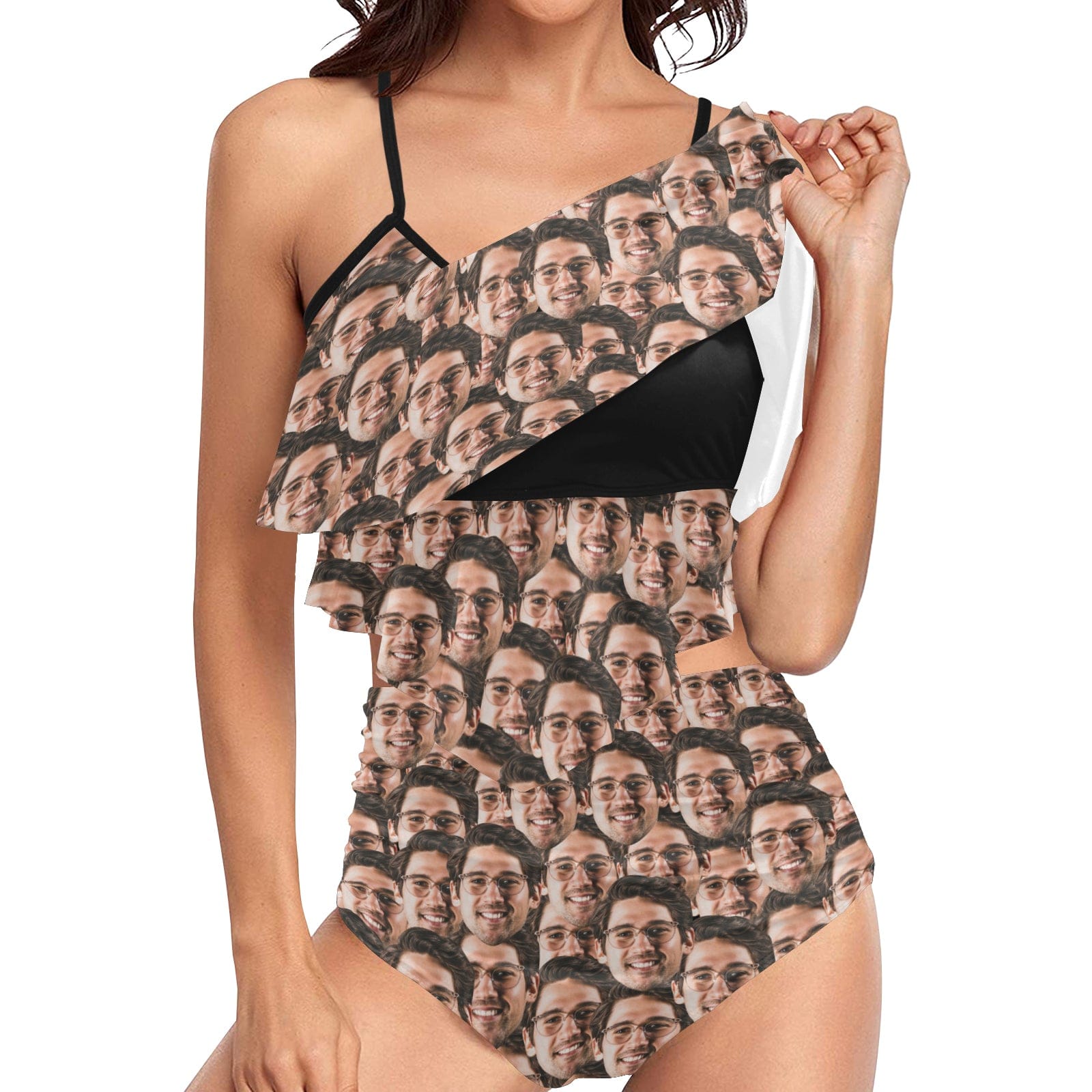 Custom #Tankini Set #Double Ruffled Tankini Custom Face Seamless Ruffle Tankini Personalized Bathing Suit Summer Swimsuit Women's High Waisted Double Ruffle Bikini Set - YesCustom