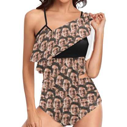 Custom #Tankini Set #Double Ruffled Tankini Custom Face Seamless Ruffle Tankini Personalized Bathing Suit Summer Swimsuit Women's High Waisted Double Ruffle Bikini Set - YesCustom