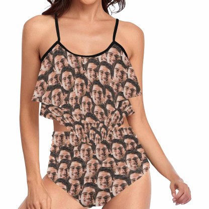 Custom #Tankini Set #Double Ruffled Tankini Custom Face Seamless Ruffle Tankini Personalized Bathing Suit Summer Swimsuit Women's High Waisted Double Ruffle Bikini Set - YesCustom
