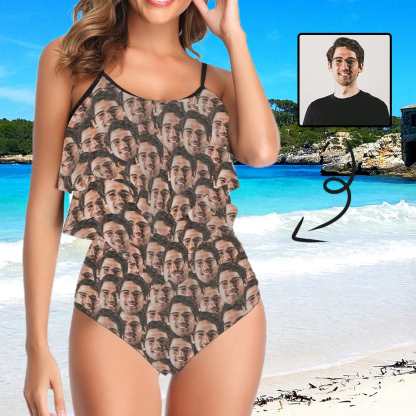 Custom #Tankini Set #Double Ruffled Tankini Custom Face Seamless Ruffle Tankini Personalized Bathing Suit Summer Swimsuit Women's High Waisted Double Ruffle Bikini Set - YesCustom
