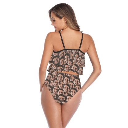 Custom #Tankini Set #Double Ruffled Tankini Custom Face Seamless Ruffle Tankini Personalized Bathing Suit Summer Swimsuit Women's High Waisted Double Ruffle Bikini Set - YesCustom