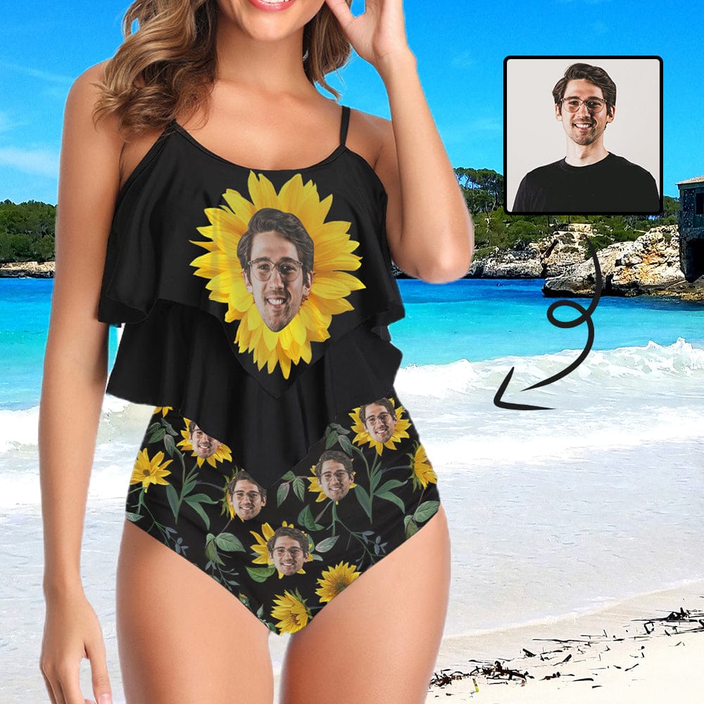 Custom #Tankini Set #Double Ruffled Tankini Custom Face Sunflower Ruffle Tankini Personalized Bathing Suit Summer Swimsuit Women's High Waisted Double Ruffle Bikini Set - YesCustom