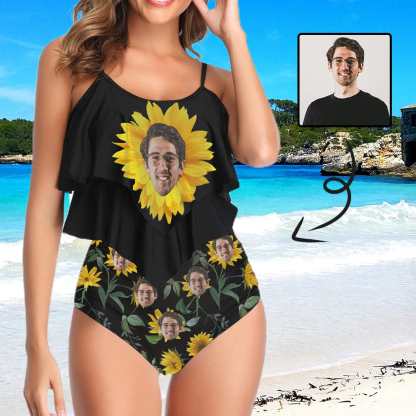 Custom #Tankini Set #Double Ruffled Tankini Custom Face Sunflower Ruffle Tankini Personalized Bathing Suit Summer Swimsuit Women's High Waisted Double Ruffle Bikini Set - YesCustom