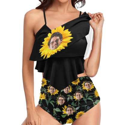 Custom #Tankini Set #Double Ruffled Tankini Custom Face Sunflower Ruffle Tankini Personalized Bathing Suit Summer Swimsuit Women's High Waisted Double Ruffle Bikini Set - YesCustom