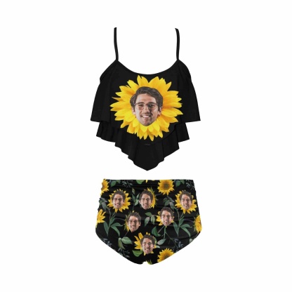 Custom #Tankini Set #Double Ruffled Tankini Custom Face Sunflower Ruffle Tankini Personalized Bathing Suit Summer Swimsuit Women's High Waisted Double Ruffle Bikini Set - YesCustom