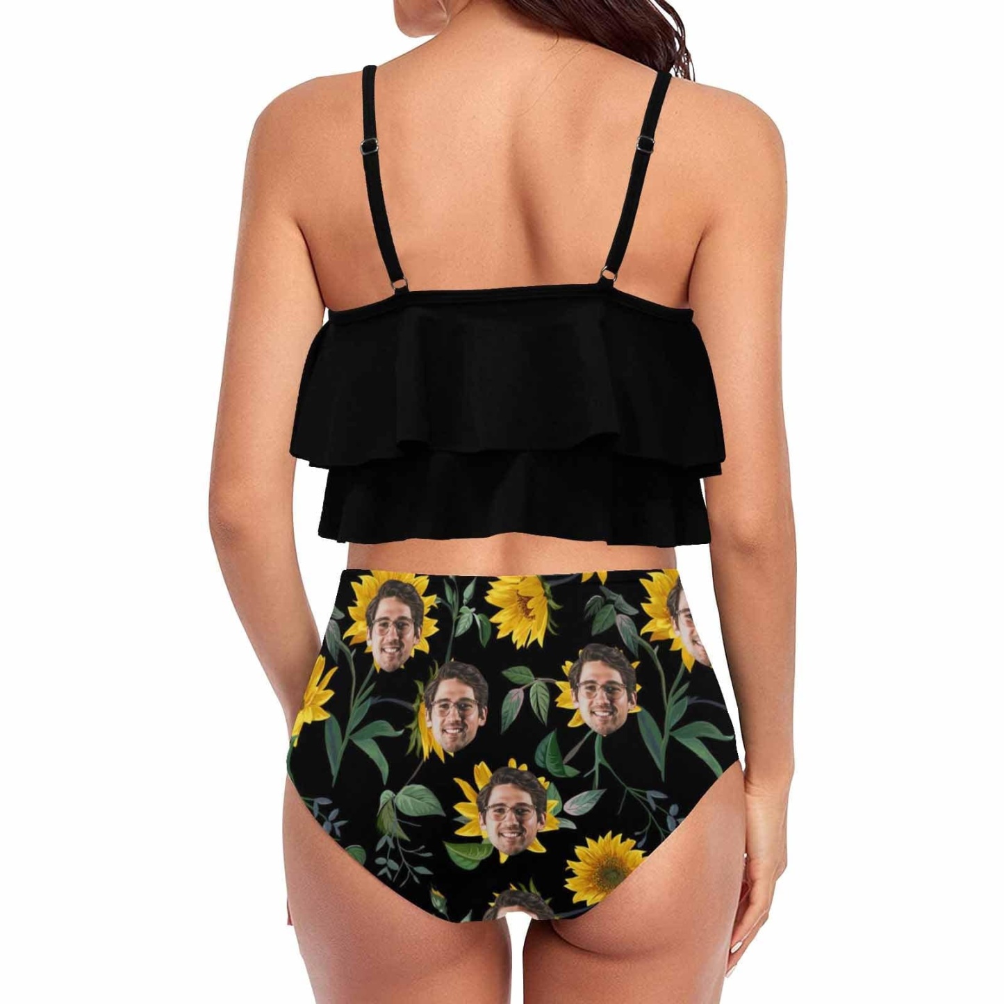 Custom #Tankini Set #Double Ruffled Tankini Custom Face Sunflower Ruffle Tankini Personalized Bathing Suit Summer Swimsuit Women's High Waisted Double Ruffle Bikini Set - YesCustom