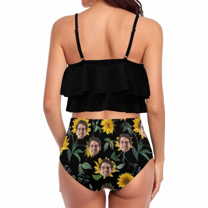 Custom #Tankini Set #Double Ruffled Tankini Custom Face Sunflower Ruffle Tankini Personalized Bathing Suit Summer Swimsuit Women's High Waisted Double Ruffle Bikini Set - YesCustom