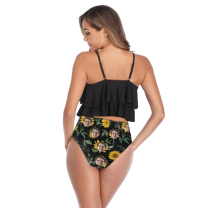 Custom #Tankini Set #Double Ruffled Tankini Custom Face Sunflower Ruffle Tankini Personalized Bathing Suit Summer Swimsuit Women's High Waisted Double Ruffle Bikini Set - YesCustom