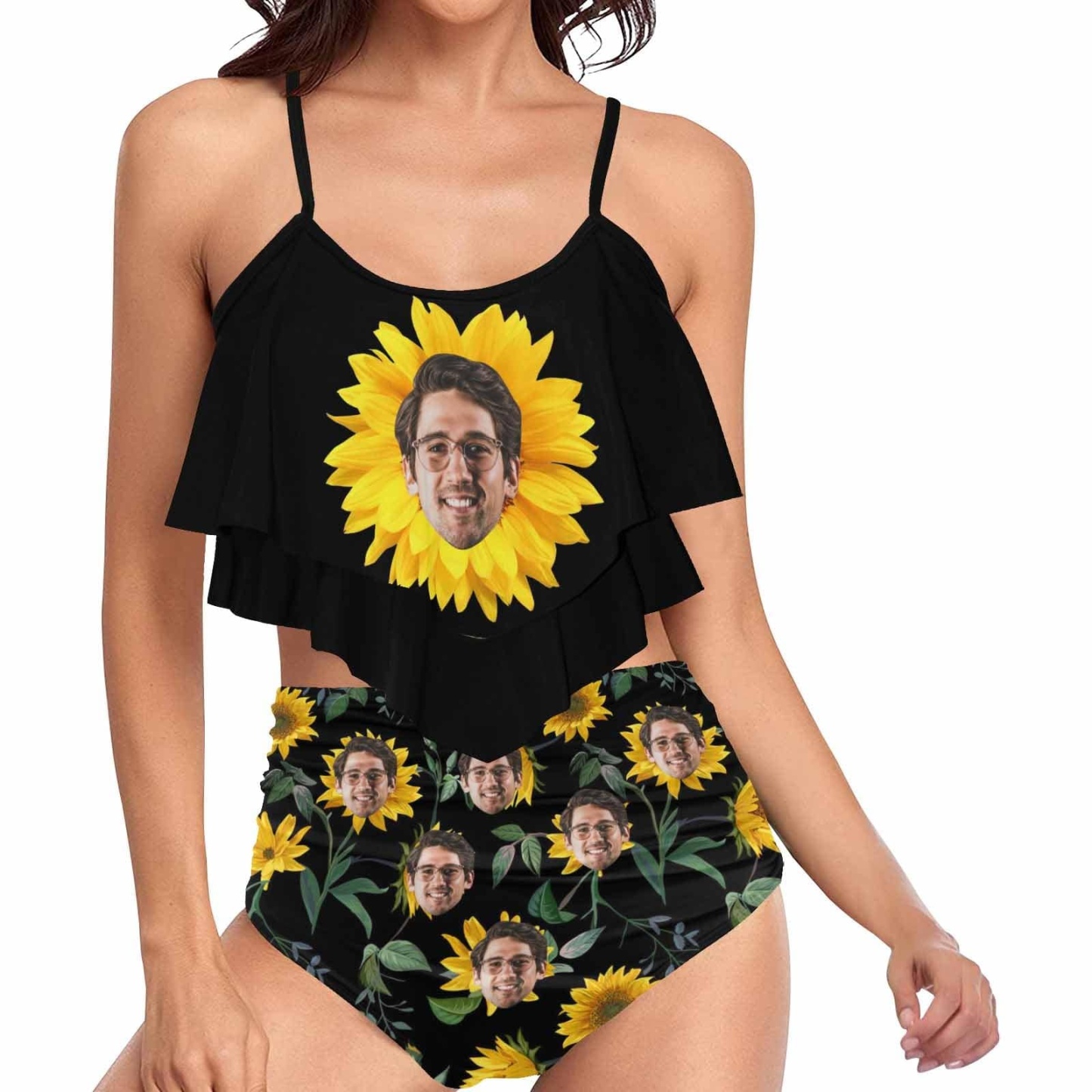 Custom #Tankini Set #Double Ruffled Tankini Custom Face Sunflower Ruffle Tankini Personalized Bathing Suit Summer Swimsuit Women's High Waisted Double Ruffle Bikini Set - YesCustom