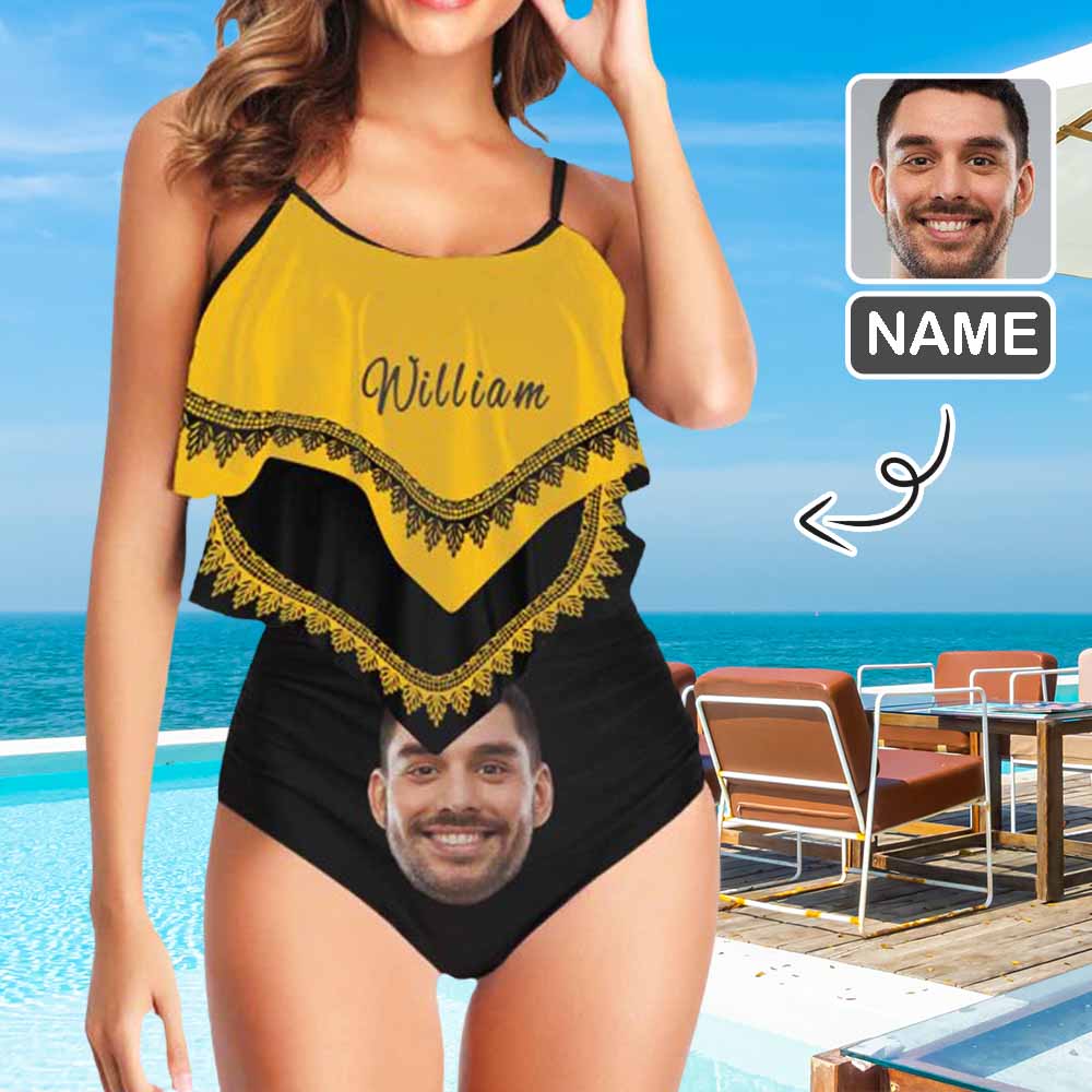Custom #Tankini Set #Double Ruffled Tankini Custom Face&Name Yellow Ruffle Tankini Personalized Bathing Suit Summer Swimsuit Women's High Waisted Double Ruffle Bikini Set - YesCustom