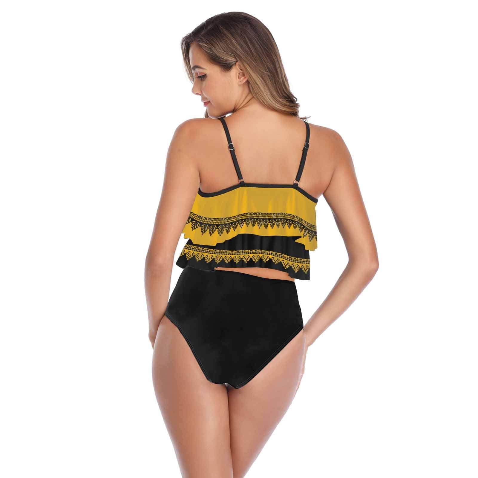 Custom #Tankini Set #Double Ruffled Tankini Custom Face&Name Yellow Ruffle Tankini Personalized Bathing Suit Summer Swimsuit Women's High Waisted Double Ruffle Bikini Set - YesCustom