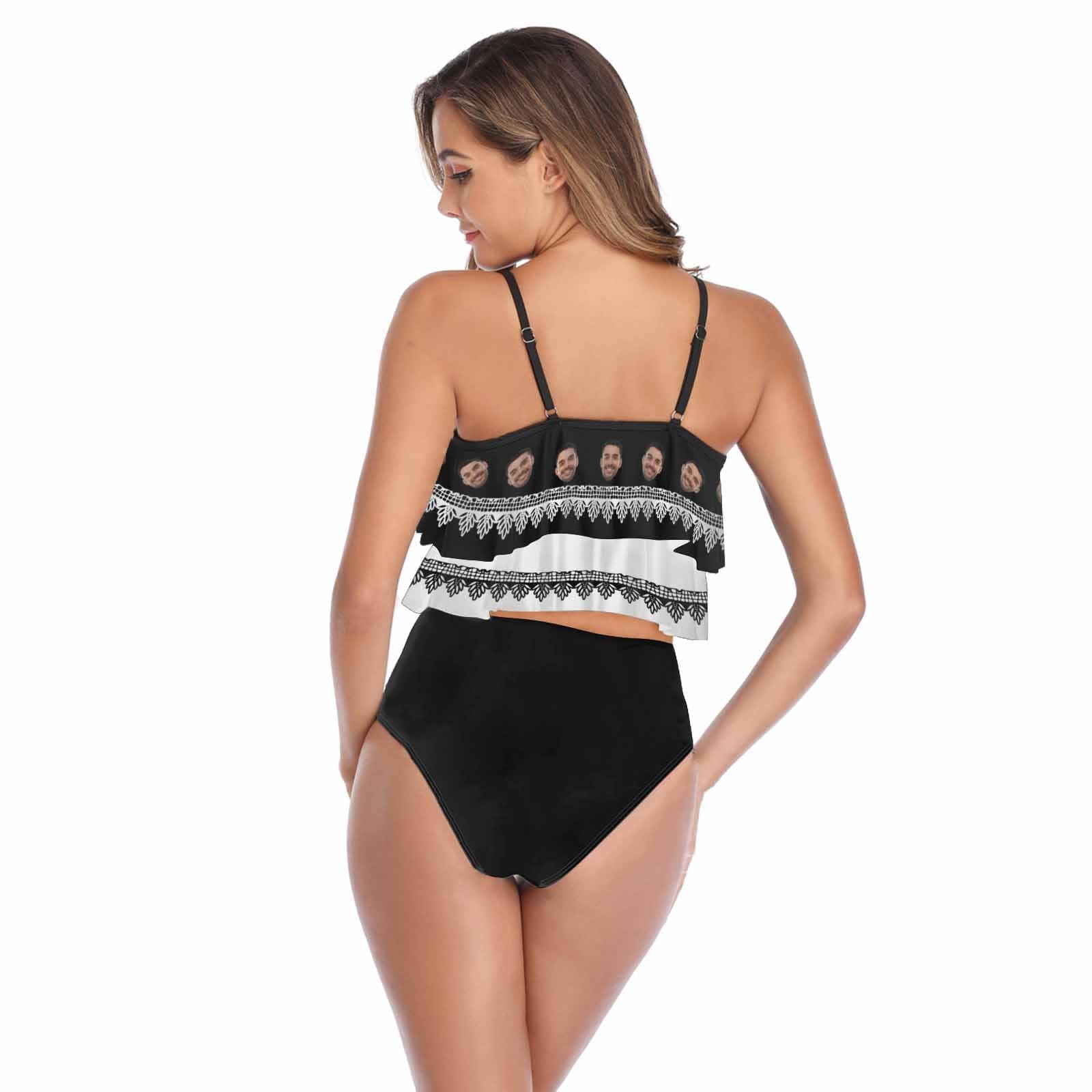 Custom #Tankini Set #Double Ruffled Tankini Custom Husband Face Black Ruffle Tankini Personalized Bathing Suit Summer Swimsuit Women's High Waisted Double Ruffle Bikini Set - YesCustom