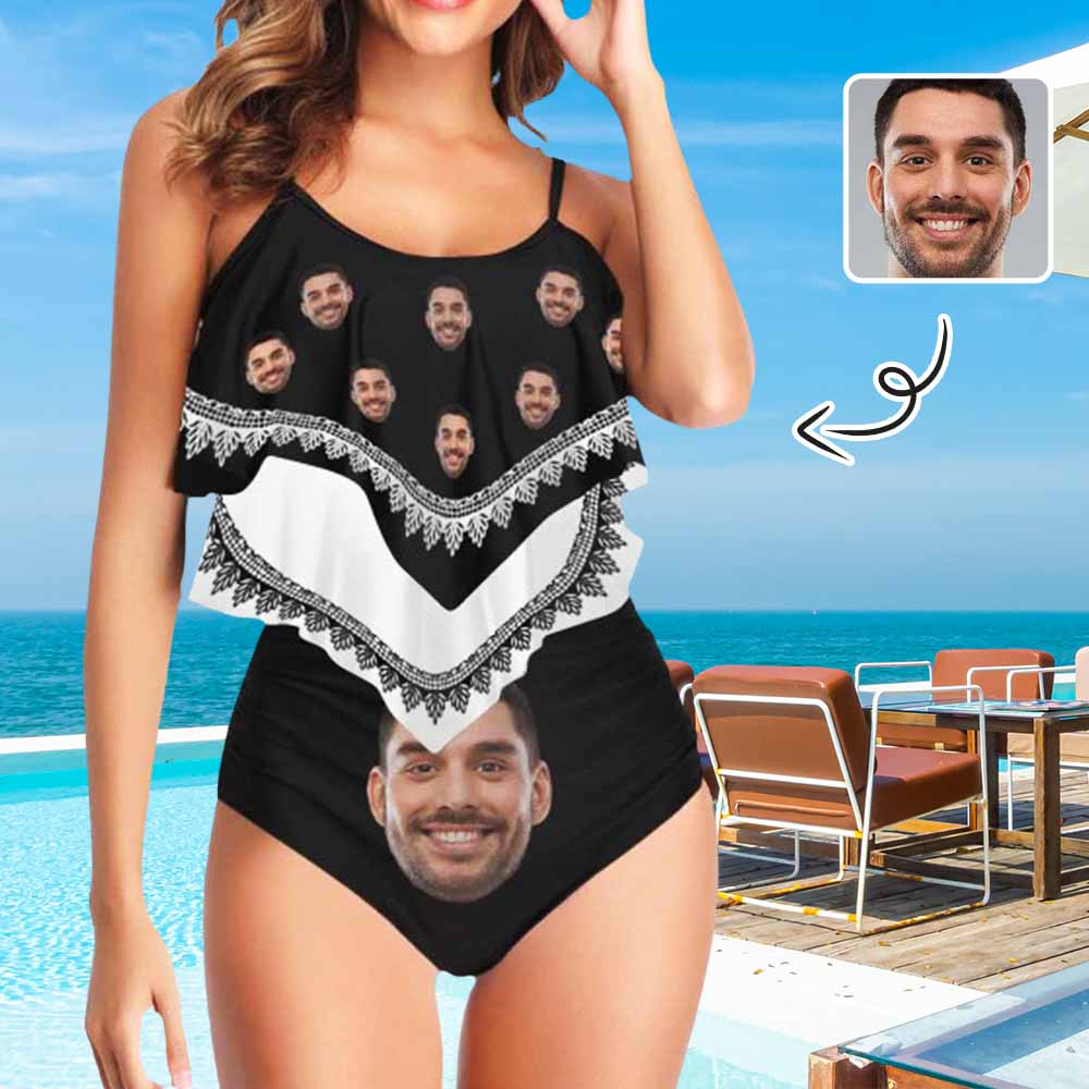 Custom #Tankini Set #Double Ruffled Tankini Custom Husband Face Black Ruffle Tankini Personalized Bathing Suit Summer Swimsuit Women's High Waisted Double Ruffle Bikini Set - YesCustom