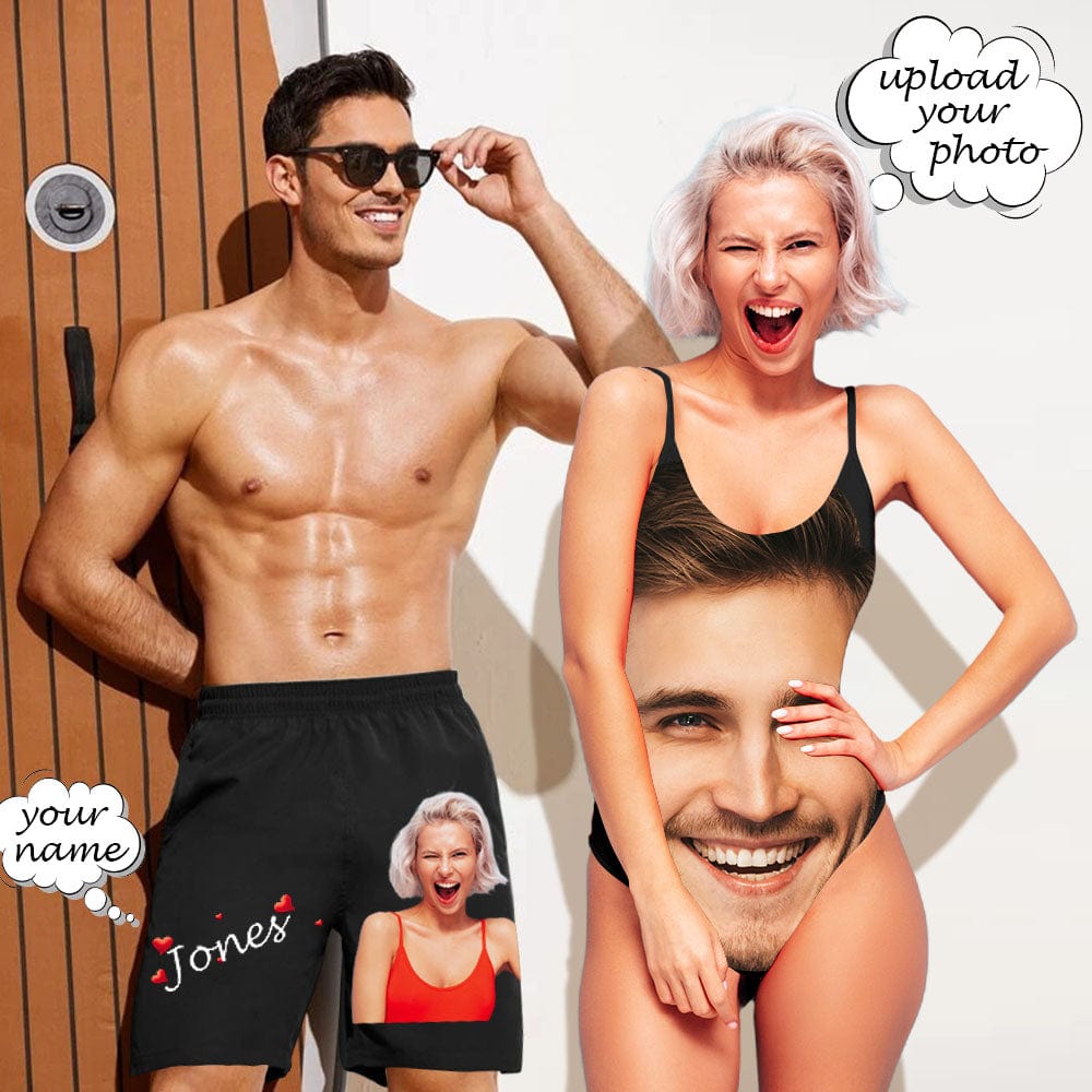 Custom #Tiktok Recommended#Couple Swimwear Beachs Shorts Bathingsuit Custom Face&Text Beach Shorts And Lover's Face Swimsuit - YesCustom