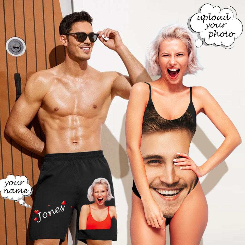 Custom #Tiktok Recommended#Couple Swimwear Beachs Shorts Bathingsuit Custom Face&Text Beach Shorts And Lover's Face Swimsuit - YesCustom