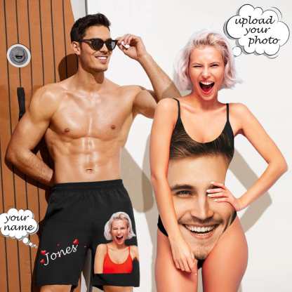Custom #Tiktok Recommended#Couple Swimwear Beachs Shorts Bathingsuit Custom Face&Text Beach Shorts And Lover's Face Swimsuit - YesCustom