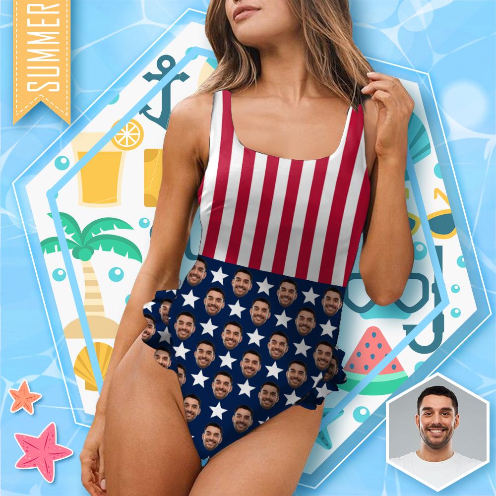 Custom #Trip Flagbathingsuit#Independence Day-Custom Face Stars&Stripes Swimsuit Personalized Women's Ruffle One Piece Bathing Suit Celebrate Holiday - YesCustom