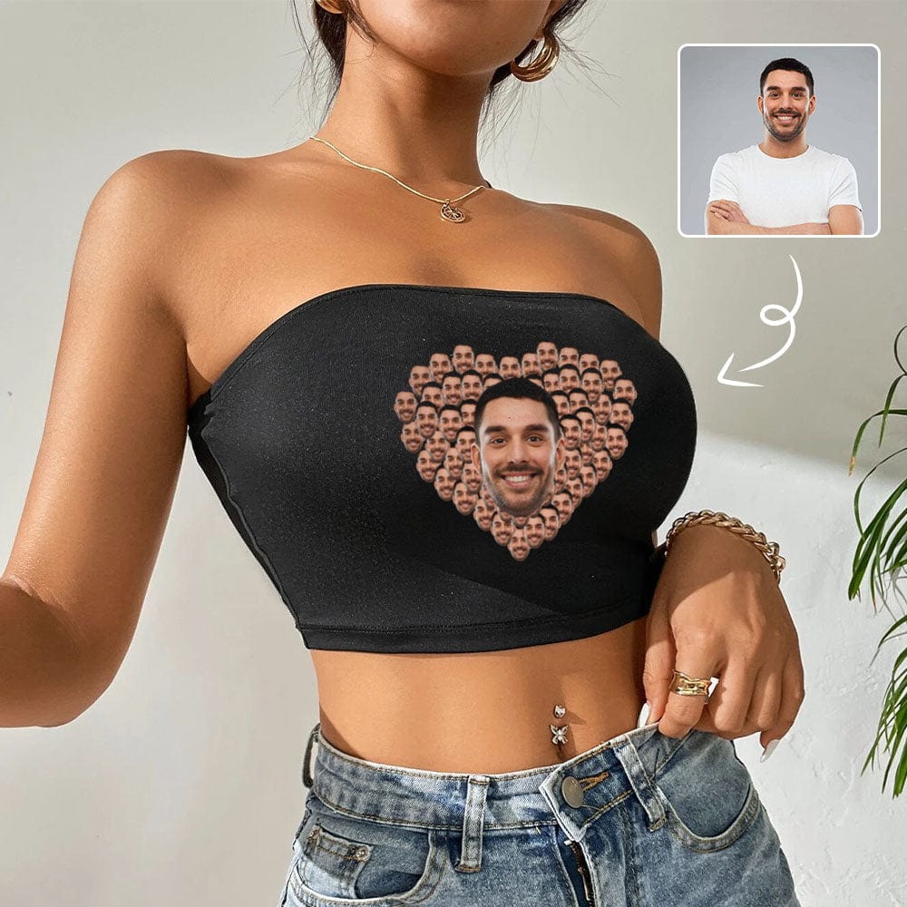 Custom Husband Face Heart Black Background Personalized Women Tube Top