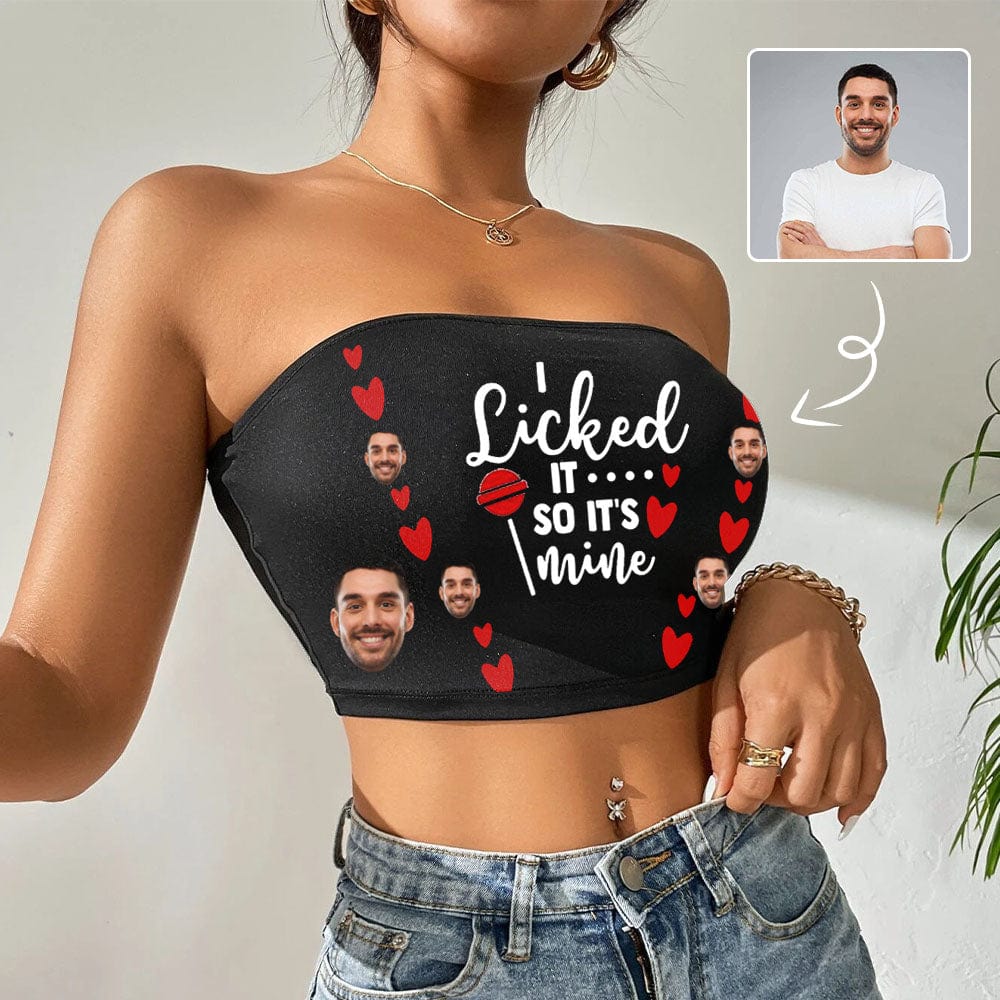 Custom Husband Face Mine Red Heart Black Background Women's Tube Top