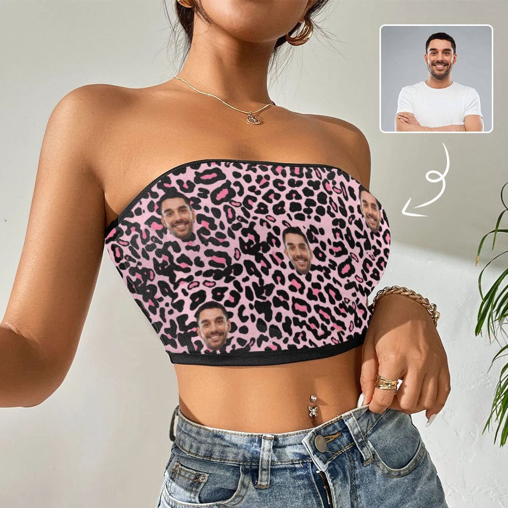 Custom Husband Face Pink Leopard Print Personalized Women's Tube Top