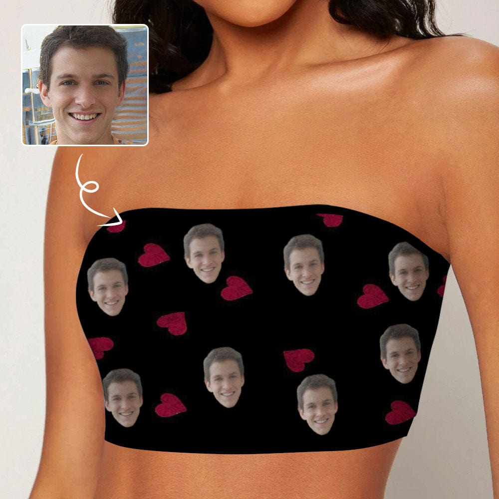 Custom Husband Face Red Heart Black Background Women's Tube Top
