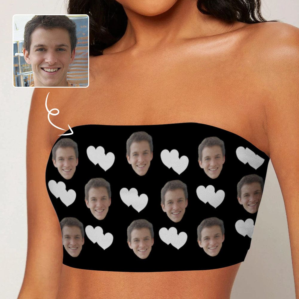 Custom Husband Face White Heart Black Background Women's Tube Top