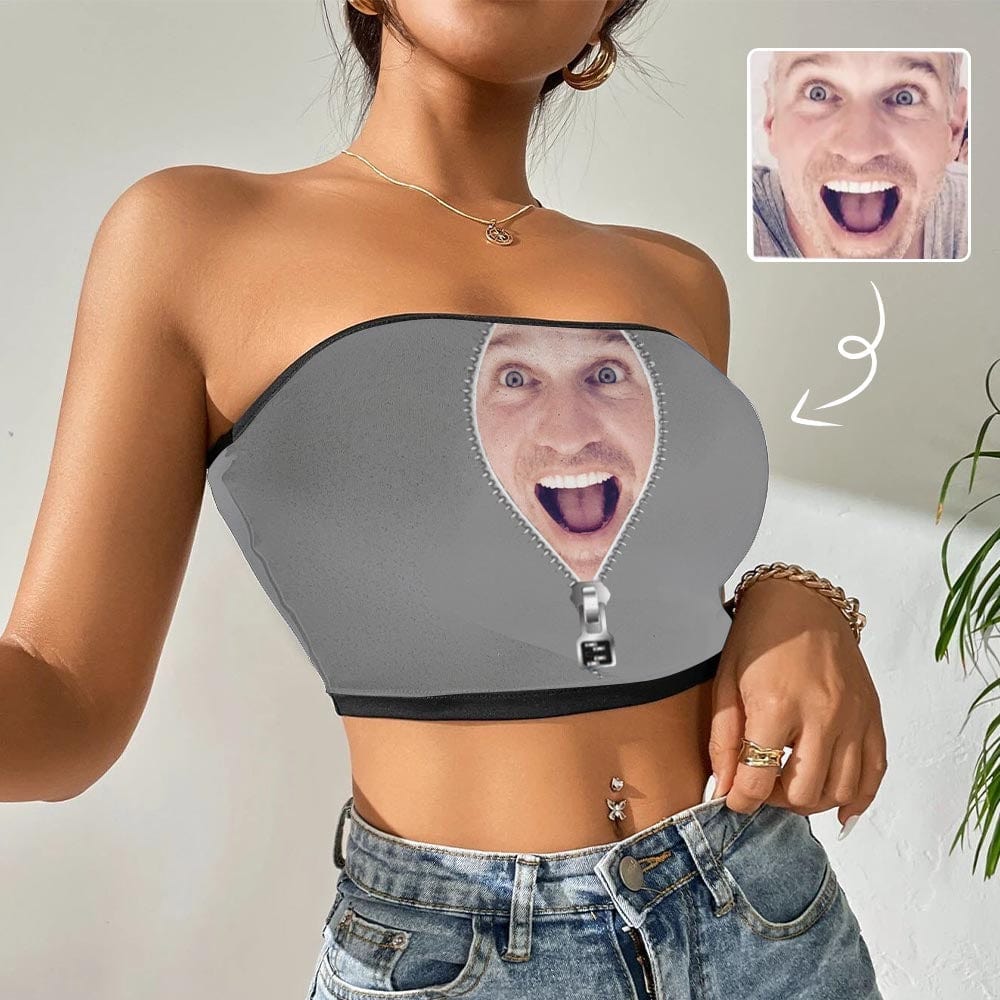Custom Husband Face Zipper Grey Background Personalized Women Tube Top