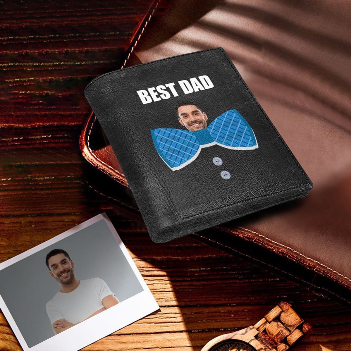 Personalized Face Best Dad Blue Bow Leather Wallet Custom Men's Wallet
