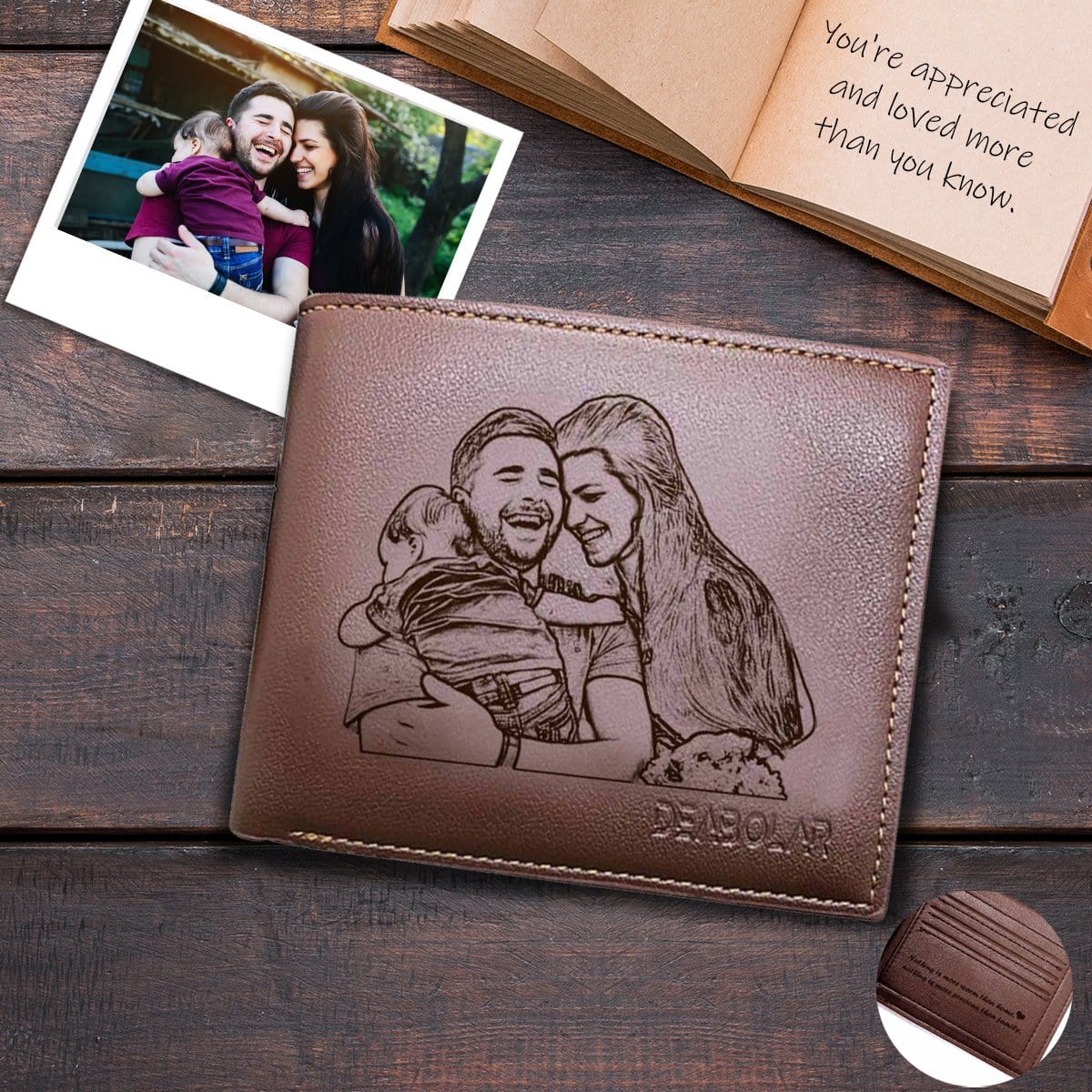 Personalized Photo Family Laughter Custom Engraved Bifold Men's Wallet