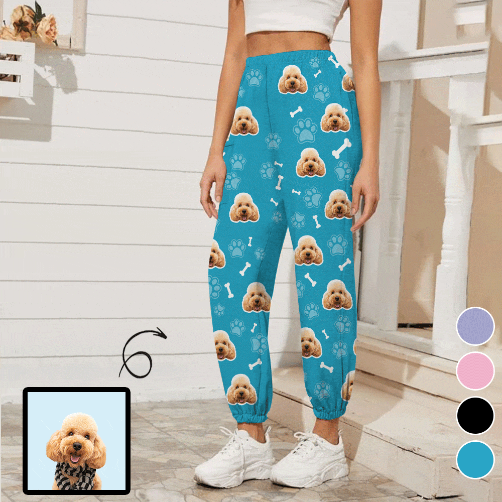 Custom Pet Face Bone Paw Women's Casual Trousers Elastic Waist Sports Pants
