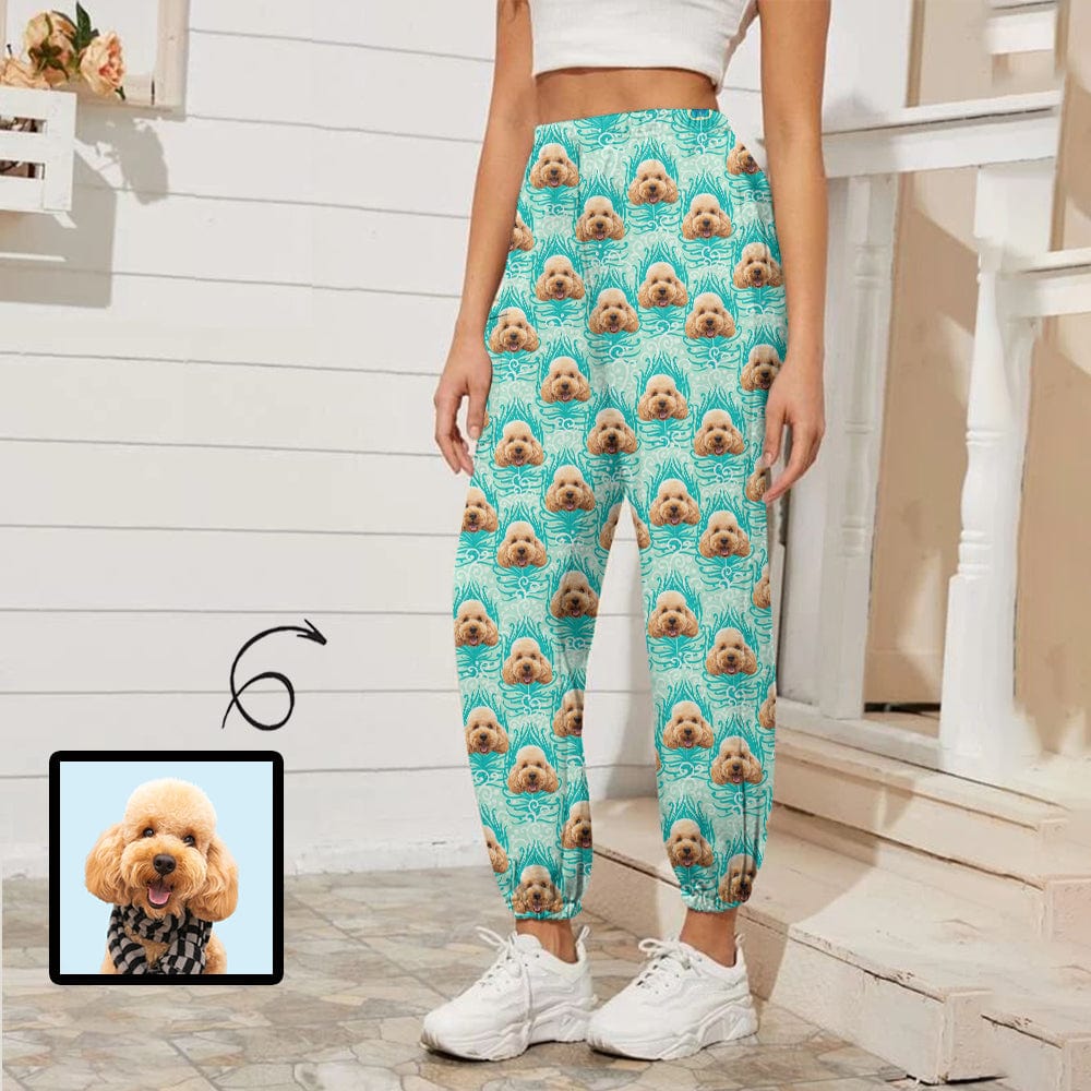 Custom Pet Face Dog Green Women's Trousers Elastic Waist Sport Pants