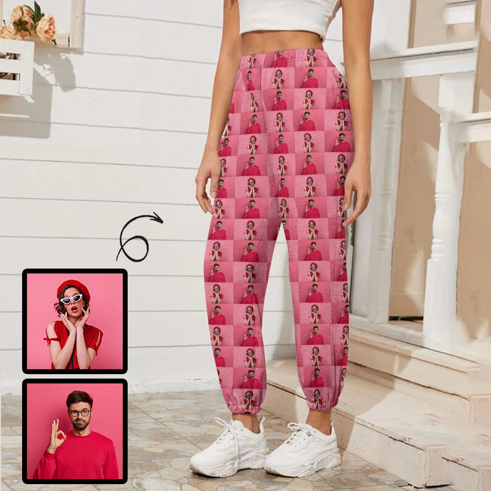 Custom Photo Couple Lattice Pink Casual Trousers Pants for Ladies