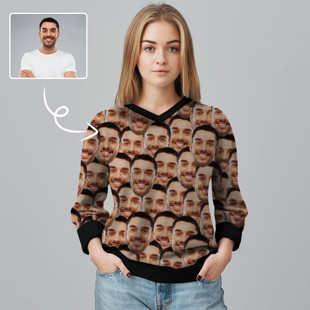 Custom Face Sweater Design Seamless Women's Print V-Neck Sweater