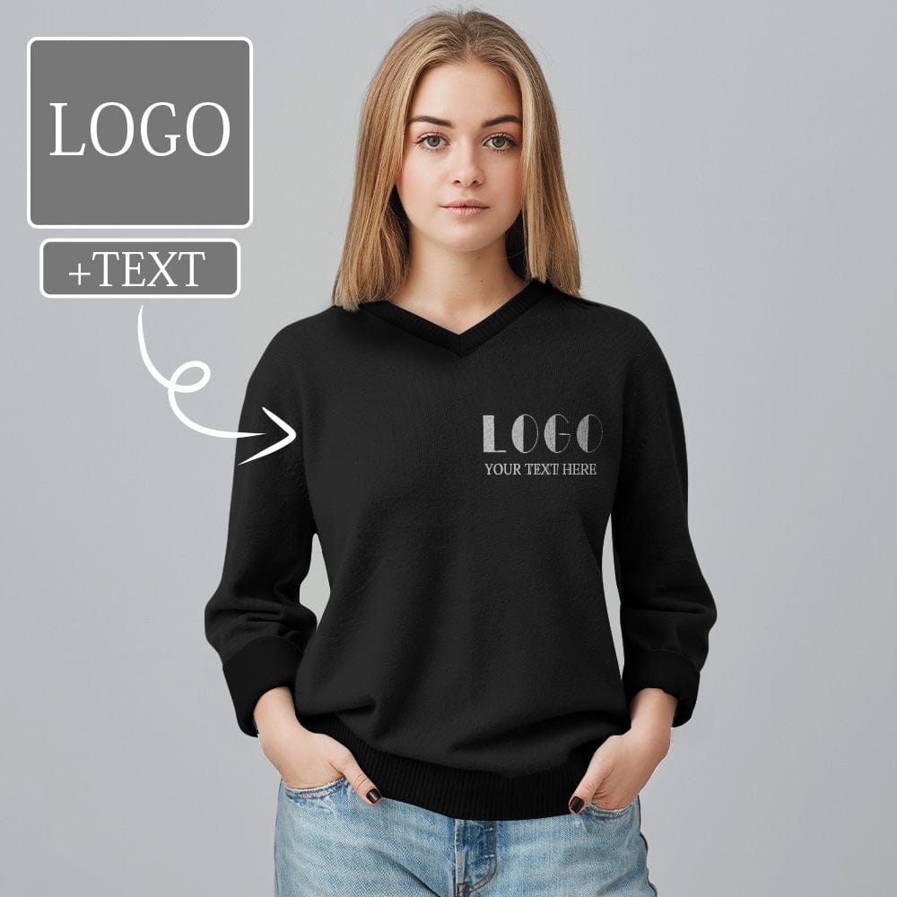Personalized Sweater Custom Logo&Text Black Women Print V-Neck Sweater