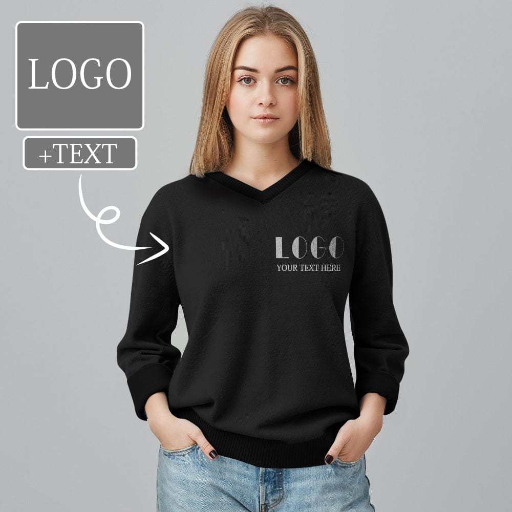 Personalized Sweater Custom Logo&Text Black Women Print V-Neck Sweater