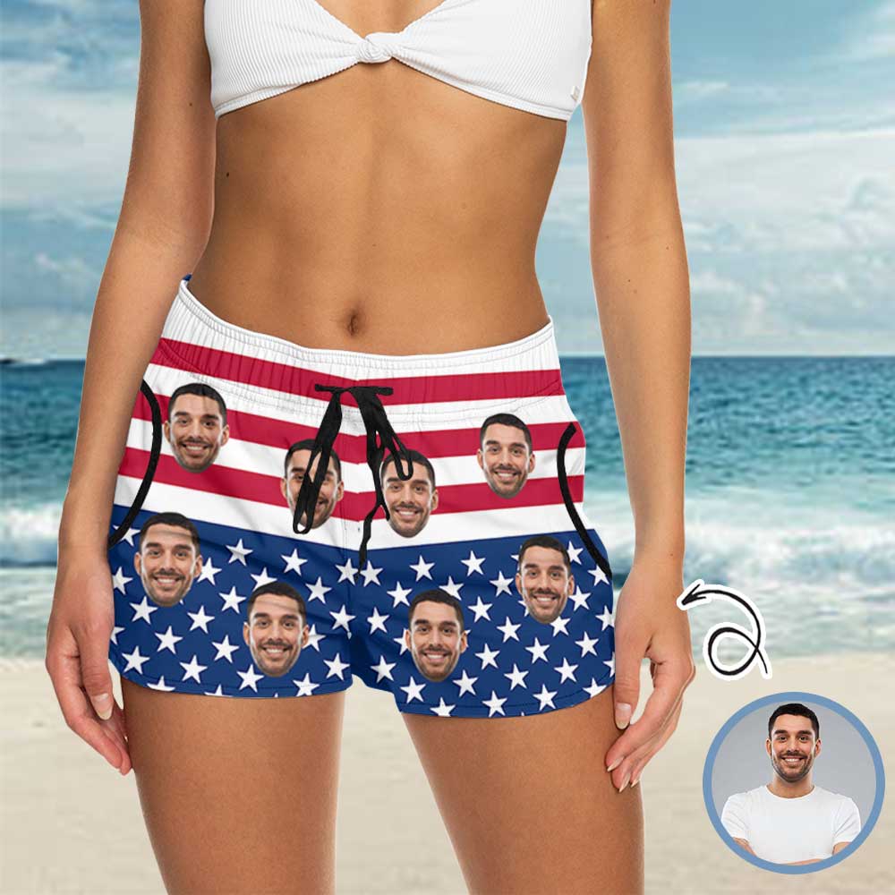 Custom Face USA Flag Board Shorts for Her Design Your Own Shorts Gift