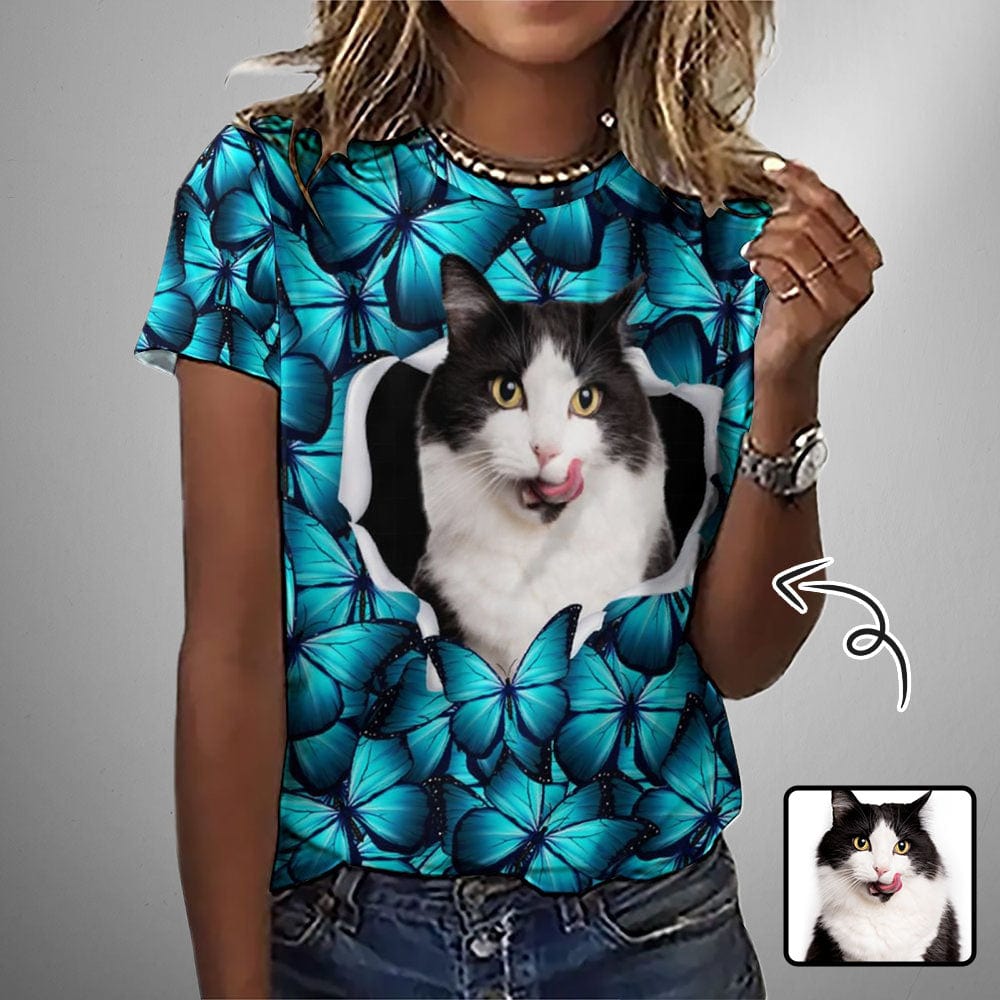 Custom Pet Cat Photo Butterfly Classic Women's All Over Print T-shirt