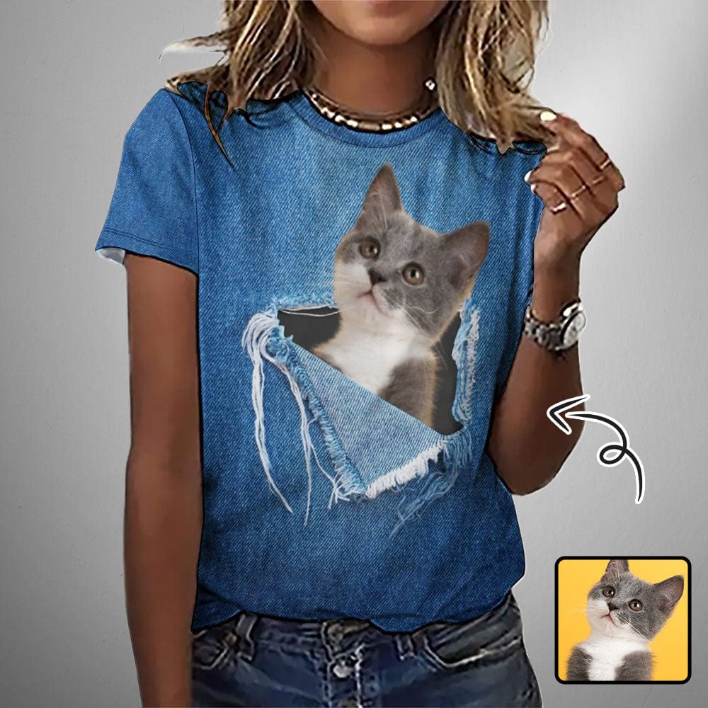 Custom Pet Cat Photo Hole Blue Classic Women's All Over Print T-shirt