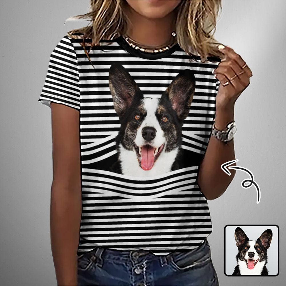 Custom Pet Dog Face Black White Stripes Classic Women's T-shirt