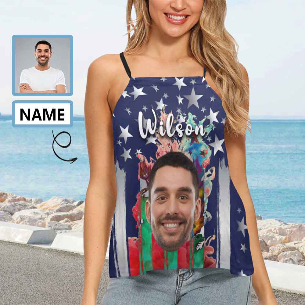 Custom Face&Name Flag Women Loose Fit Adjustable Halter Neck Tank Top