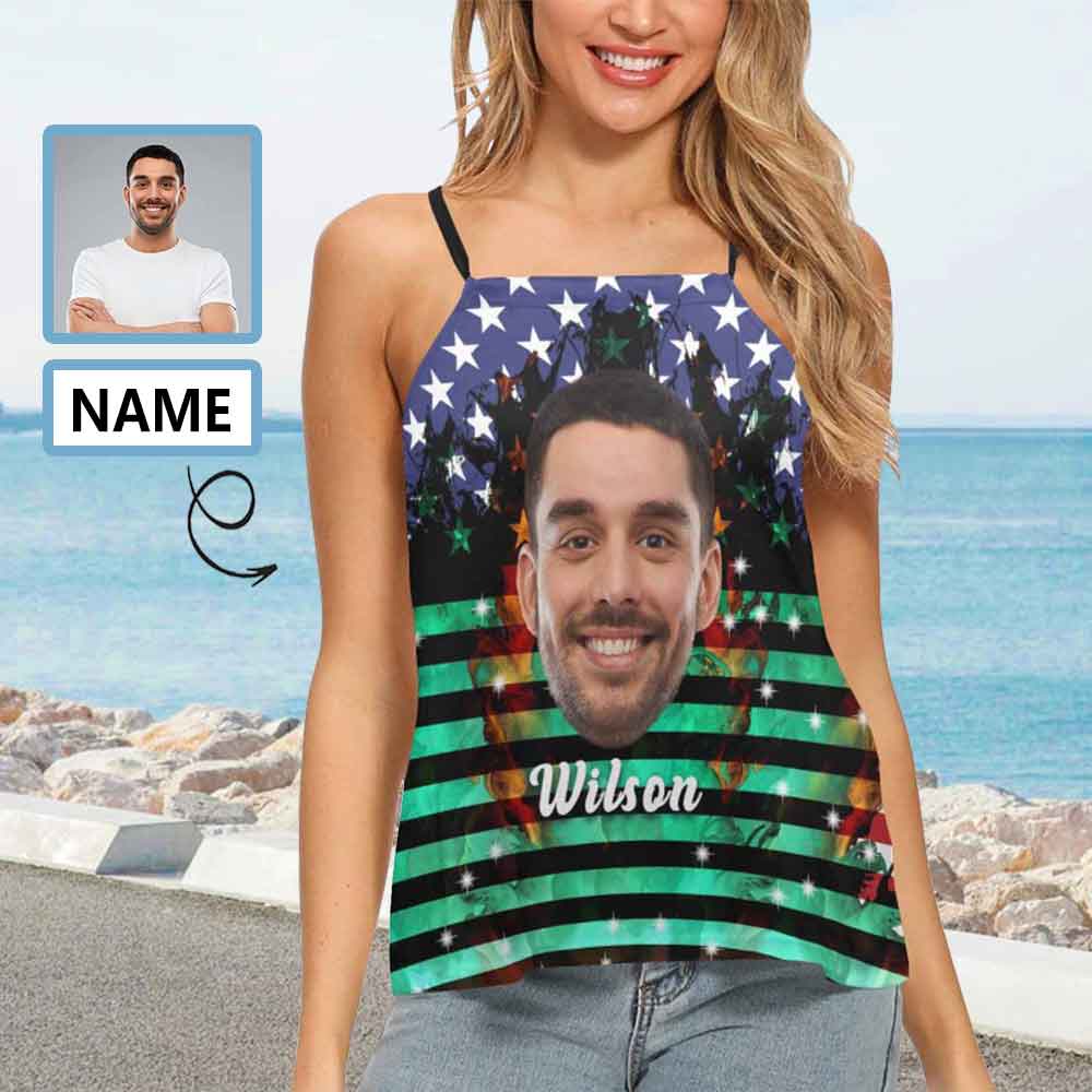 Women's Fit Adjustable Halter Neck Tank Tops with Custom Face&Name