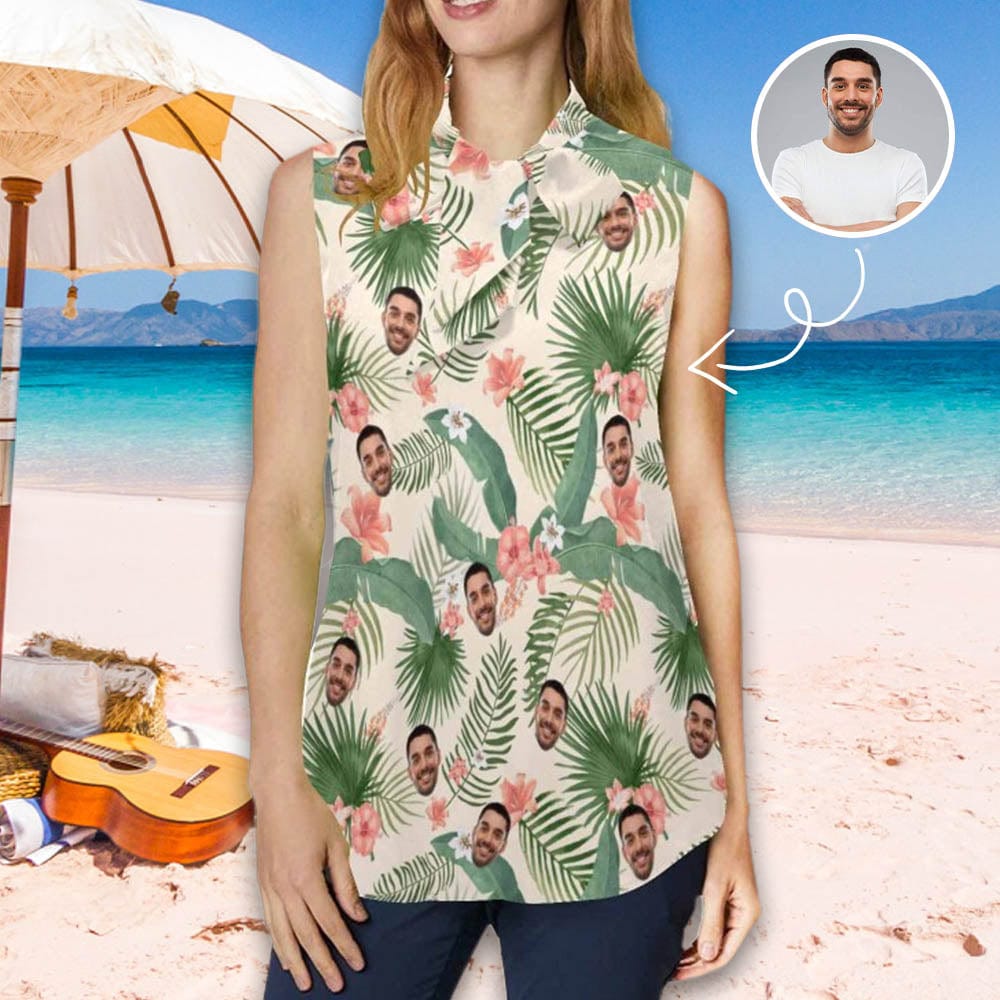 Custom Face Tank Tops Green Leaves Women's Sleeveless Shirt with Photo