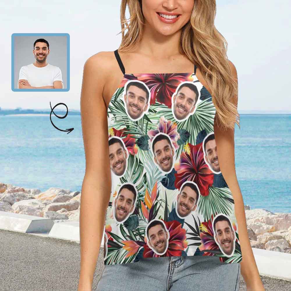 Custom Face Tropical Leaves Women Fit Adjustable Halter Neck Tank Top