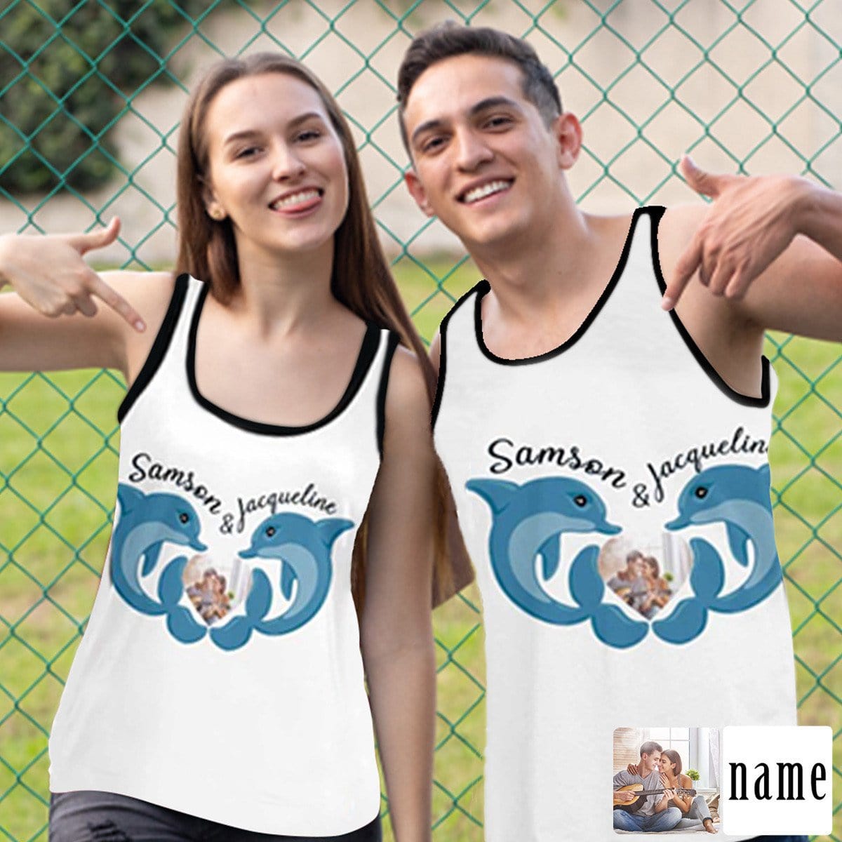 Custom Photo&Name Sleeveless Shirt Dolphins Couple Matching Tank Tops