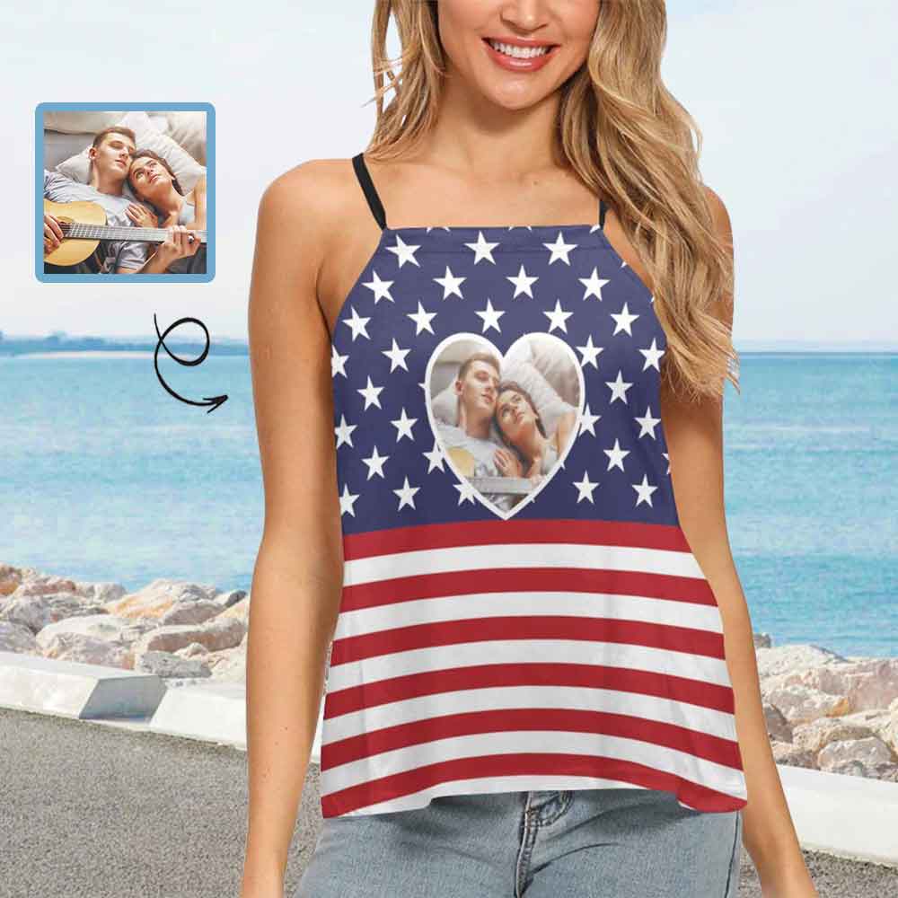 Personalized Photo Love Flag Tops Women's Loose Halter Neck Tank Top