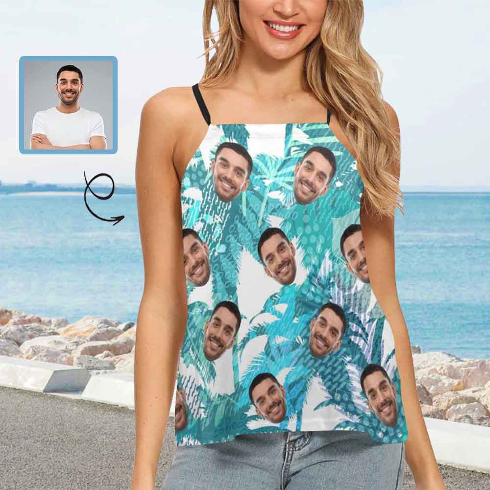 Tops with Custom Face Green Leaves Women's Loose Halter Neck Tank Top