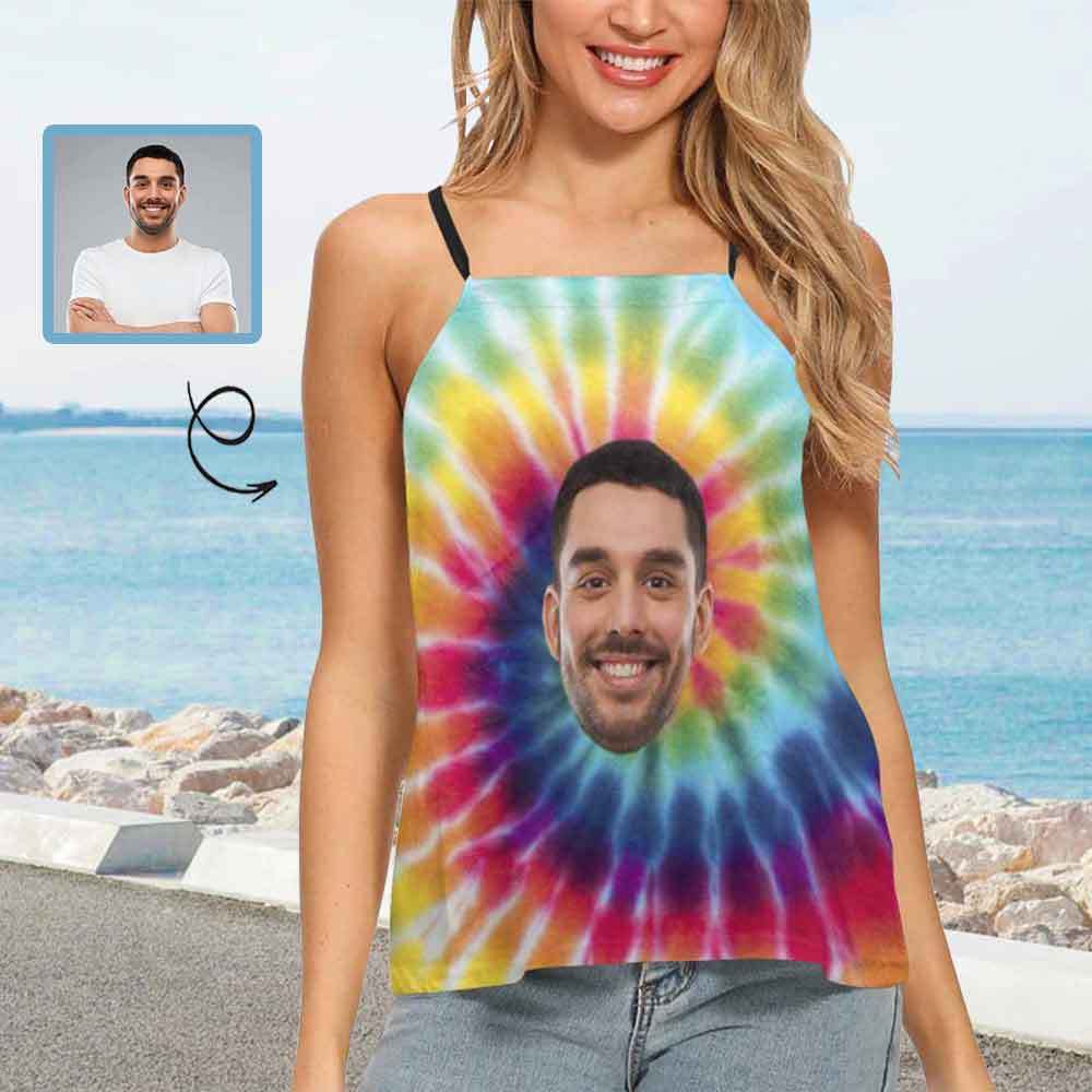 Women's Tops with Face Print Tie Dye Loose Fit Halter Neck Tank Top