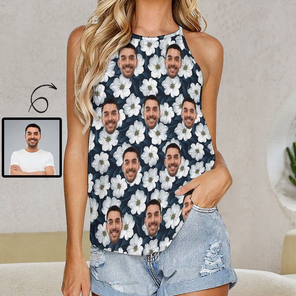 Women's Tops with Custom Face White Halterneck Strapless Vest Shirt 
